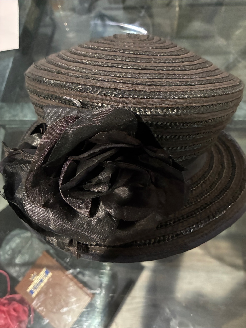 Elegant Black Women's Straw Hat with Satin Rose Accent